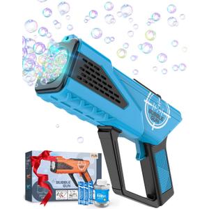Bubble Gun - Bubble Machine for Kids - Bubbles Blaster with 8-Hole Wands & LED Light, Include Bubble Solution & Batteries - Boys Gifts Toys for Ages 3+ Year Old, Outdoor/Birthday/Party (Blue)