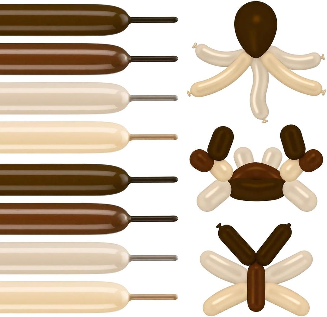 Gradient Brown Party Long Balloons, 100 Pcs Mocha Brown Nude Khaki Gray Sand White Tan Neutral Twisting Animals Long Skinny Balloons for Baby Shower Bear Wedding Birthday Party Decorations