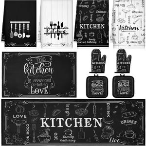 10 Pcs Farmhouse Kitchen Decor Sets 4 Kitchen Dish Towels 2 Vintage Pot Holders 2 Oven Mitts Glove 2 Rustic Non Slip Rugs and Mats for Floor Home Decorations Accessories Mom Gifts (Black and White)