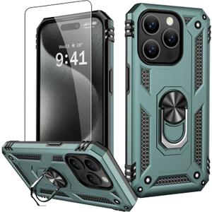 2 x IKAZZ for iPhone 15 Pro Max Case 6.7 Inch with Screen Protector,Military Grade Shockproof Heavy Duty Protective Phone Cover Pass 16ft Drop Test with Magnetic Kickstand Car Mount Holder,Pine Green