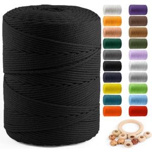Macrame Cotton Cord 4mm x 547yds, ZUEXT Natural Handmade Black Braided Cords 4 Strands Knitted Rope String for Craft Wall Hanging Weaving Tapestry Dream Catchers Hanger DIY Gift (500m)