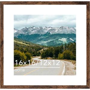 Wood 16x16 Picture Frame with 12x12 Mat Deep Brown, Display 12x12 with Mat or 16x16 without Mat, Wood 16 by 16 Photo Frame, 16 x 16 Frame for Wall Hanging Display, Deep Brown