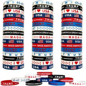 Trump Bracelets 60pcs, Make Amarica Great Again American Flag Wristband, USA Veterans Day Patriotic Party Accessories, Fourth 4th of July Red White and Blue Decoration Memorial Day Favors