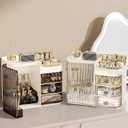 DASITON Makeup Organizer for Vanity,Large Capacity Makeup Storage Organizer with 3-Layer Drawers and Mirror,Cosmetics Display Case Make up Organizers for Vanity,Bedroom,Countertop(Clear-Cream)