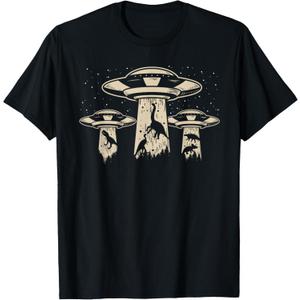 Wowsome! Alien UFO Abduction Dinosaur T-Shirt - Unisex-Adults/Kids - Black - Short Sleeve - Classic Fit - Cotton/Polyester - Machine Wash - Small