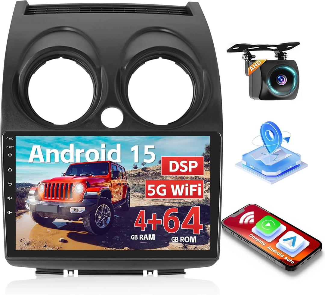 [DSP 5G WiFi 4+64G] Hikity Android 15 Car Stereo for Nissan Rogue 2007-2015 with Wireless Carplay Android Auto, 9'' IPS Touch Screen Radio Bluetooth Mirror Link GPS SWC FM/RDS/32EQ Backup Cam+Mic