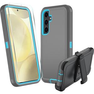 for Samsung Galaxy S24 FE 5G Case, S24 FE Heavy Duty case, [Belt Clip Holster] [Glass Screen Protector] [Military Grade Protective ] [Shockproof] [Dropproof] [Dust-Proof] (Gray/SkyBlue)