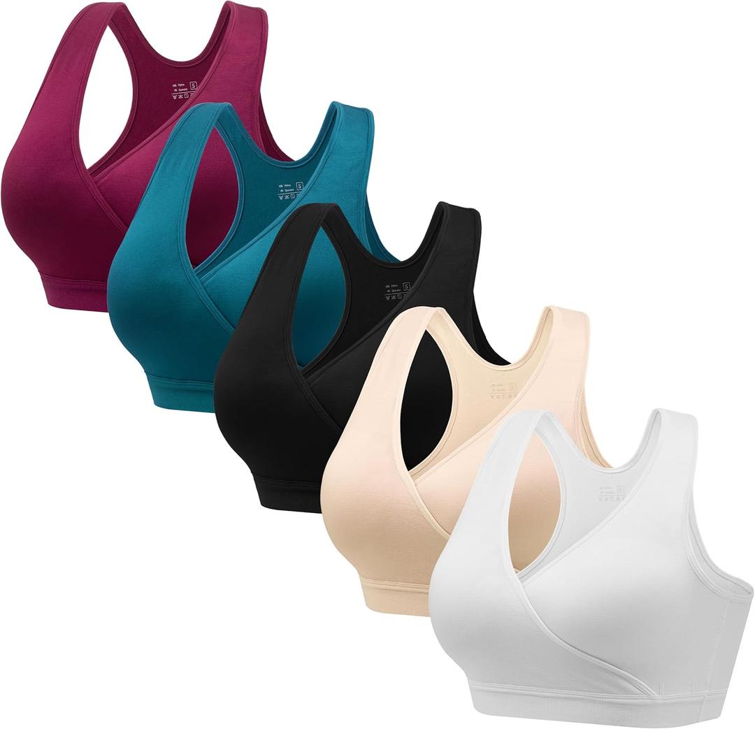 HBselect Nursing Bras for Breastfeeding, Maternity Nursing Sleep Bra Wireless Pregnancy Sleep Bralette 3/5 Pack (Medium, Black/Burgundy/Lake Blue/White/Beige)