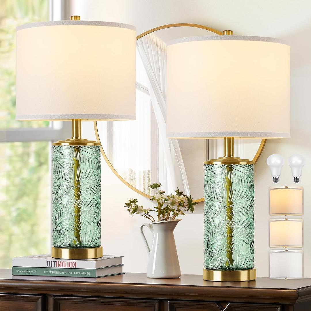 QiMH Glass Table Lamp Set of 2, Modern Gold Bedside Lamp with Stereo Palm Leaves Vein Glass for Living Room, Green Nightstand Lamps for Bedroom Home Office Reading Decor(Bulbs & Shades Included)