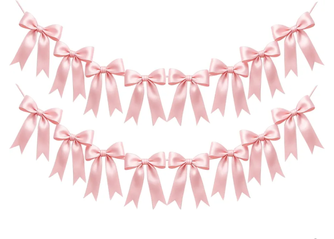 2 Strings of 16PCS Pink Bow Garlands Banner Decoration,Pre-Strung Satin Ribbon Ornaments for Birthday,Bachelorette Party,Bridal Shower, Wedding,Engagement,Baby Shower, Graduation Deco,Anniversary