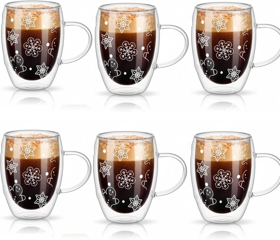 Sliner 6 Pack Gingerbread Man Double Wall Glass Coffee Mugs with Handle 12 oz Clear Insulated Glasses Cups Winter Holiday Mugs for Cappuccino Latte Espresso Tea Bag Beverage Hot Chocolate
