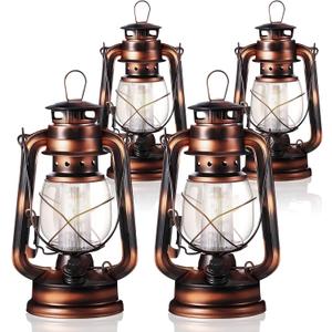 Hortsun 4 Pcs 8 Inch Vintage LED Hurricane Lantern Warm LEDs and Dimmer Switch Battery Operated Farmers Hanging Lantern for Indoor Outdoor Camping Usage Decor