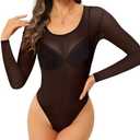 ZNVGIRL Womens Mesh Bodysuit Long Sleeve Top Crew Neck Sheer T Shirt Body Suit Leotard Blouse Small