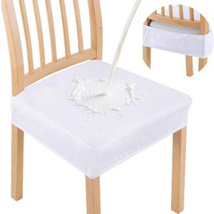 Smiry Waterproof Seat Covers for Dining Room Chairs Set of 6, Stretch Jacquard Removable Washable Chair Seat Slipcovers Protector, No Rear Covers, White