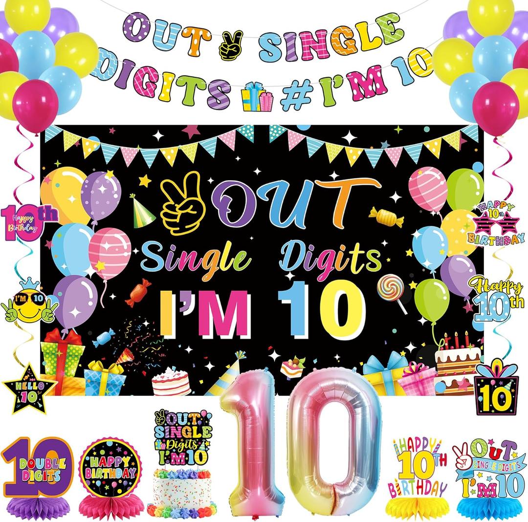 Holkcog 10th Birthday Decorations Colourful Peace Out Single Digits Tenth Birthday Party Backdrop 10 Years Old Happy Birthday Decorations for Girl Boy 10th Birthday Cake Topper Balloon Party Supply