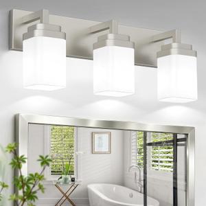 Brushed Nickel Bathroom Light Fixtures, Modern Vanity Lights with White Glass Lamp Shade, Bathroom Lighting Fixtures Over Mirror, Restroom Vanity Lighting Fixture, 3-Light 22 Inch