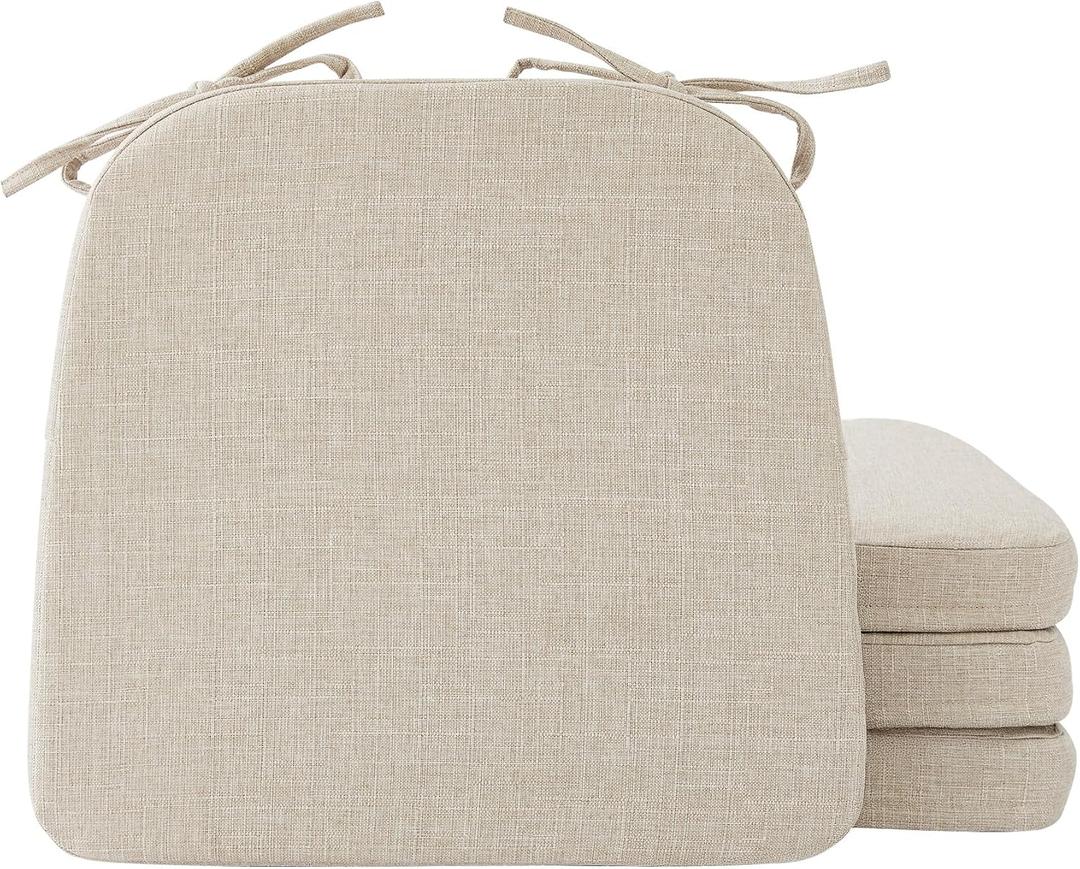 Ruqmuis Chair Cushions for Dining Chairs, 2" Thick Seat Cushions for Kitchen Chairs, D-Shaped Chair Pads with Washable Cover, Ties and Non Slip Backing, 17'' x 16'', Set of 4, Beige