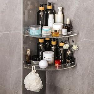 BLBYHO 2 Pack Acrylic Shower Shelves Caddy, Clear Corner Self Adhesive No Drill Stick on Wall Mounted Shower Organizer for Inside, Clear Bathtub Corner Shelves