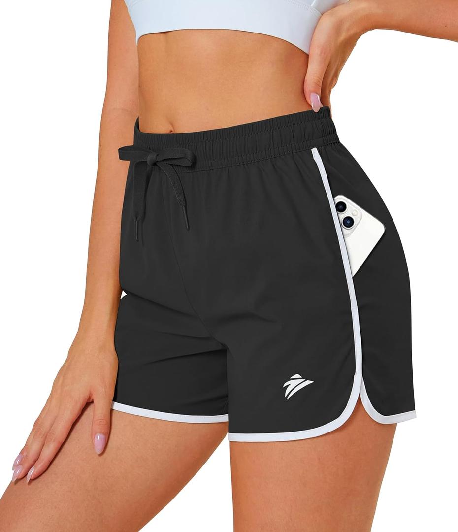 MAGCOMSEN Women's Athletic Shorts with Pockets Quick Dry Lightweight 3.5" Running Gym Workout Shorts Hiking Sport, Medium, Black