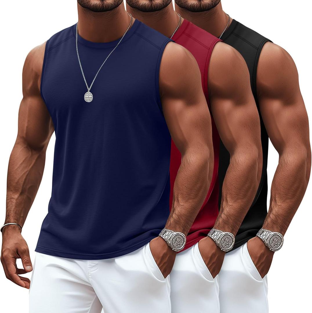 Ficerd 3 Pack Men's Sleeveless Tank Tops, Crewneck Casual Summer Tee Beach T Shirt Cotton Workout Run Gym Muscle Shirt (Black, Navy Blue, Wine Red), Small