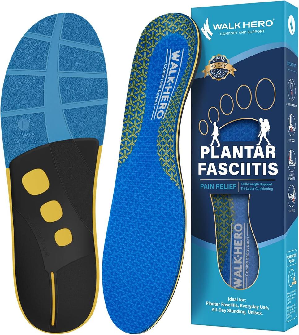 WalkHero Inserts Relieve Plantar Fasciitis - Flat Feet Insoles Arch Supports Insoles, Orthotic Insoles for Foot Arch Pain Absorbs Shock, Reduces Over-Pronation Mens 9-9.5 | Womens 11-11.5 (Amber Blue)