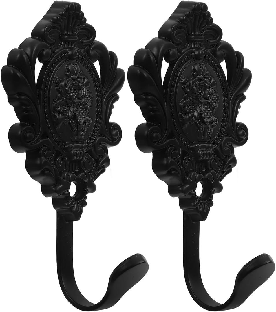 Amosfun 2Pcs Curtain Holdbacks Hook Wall Mounted Clothes Hanger Vintage Rose Flower Pattern Wall Key Hooks 3.74 x 1.96 x 1.37inch