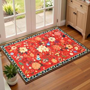 Terrug Floral Entryway Rug, 2x3 Red Christmas Boho Washable Kitchen Throw, Soft Low Pile Cute Small Non-Slip Stain Resistant Vintage for Bedroom Bathroom Laundry