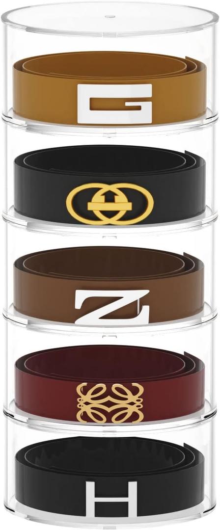 FEMELI Belt Organizer, Acrylic Belt Storage Holder for Closet & Drawer, 5-Layer Stackable Display Case for Belts, Watches, Jewelry and Ties FEMELI Belt Organizer, Acrylic Belt Storage Holder for Closet & Drawer, 5-Layer Stackable Display Case for Belts, Watches, Jewelry and Ties