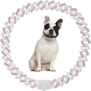 Pink Dog Chain Collar,Bling Dog Chain Necklace Rhinestone Cuban Link Dog Collar Diamond Small Dog Collar Girl Pretty Puppy Collars Female Cat Chain Sparkling Crystal For XXS XS Small Medium Pet,8 Inch