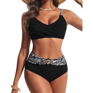 Hanna Nikole Womens High Waisted Bikini Sets, Textured Tummy Control Swimsuit, 2 Piece Twist Color Block Bathing Suits (Large, Black Zebra)