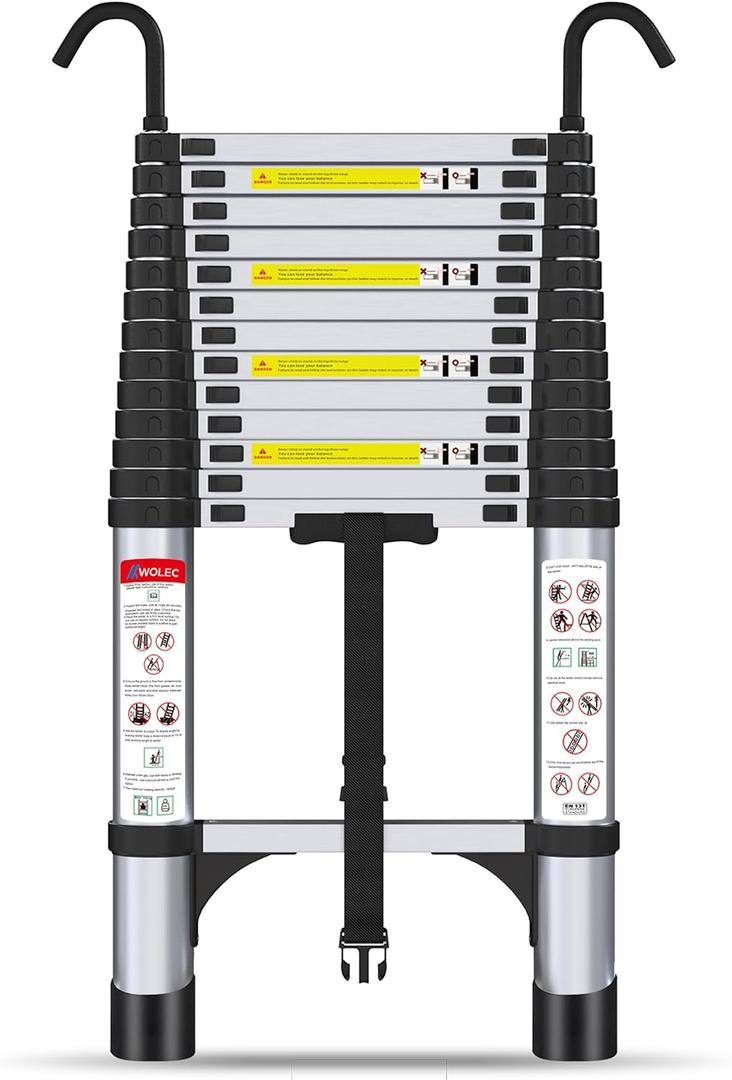 Telescoping Ladder with Hooks, 12.5 FT, 330 lb Capacity, Silver | Telescopic Extension Ladder with Auto-Lock Rungs, Anti-Slip Feet; Compact Storage for Home, Garage, Attic and Window Work