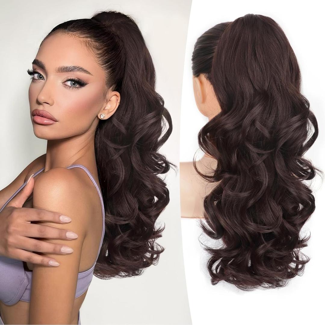 ALXNAN Claw Long Wavy Ponytail Extension,18 Inch Curly Pony Tail Clip in Hair Extensions for Women,Dark Brown Clip on Pony Tails Hair Extensions