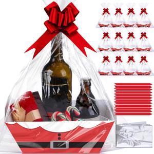 Yeaqee 36 Pcs 12 Pack 12 x 10 inch Christmas Baskets for Gifts Empty Santa Belt Cardboard Baskets Bags Kit Red Pull Bows Wine Basket for Xmas