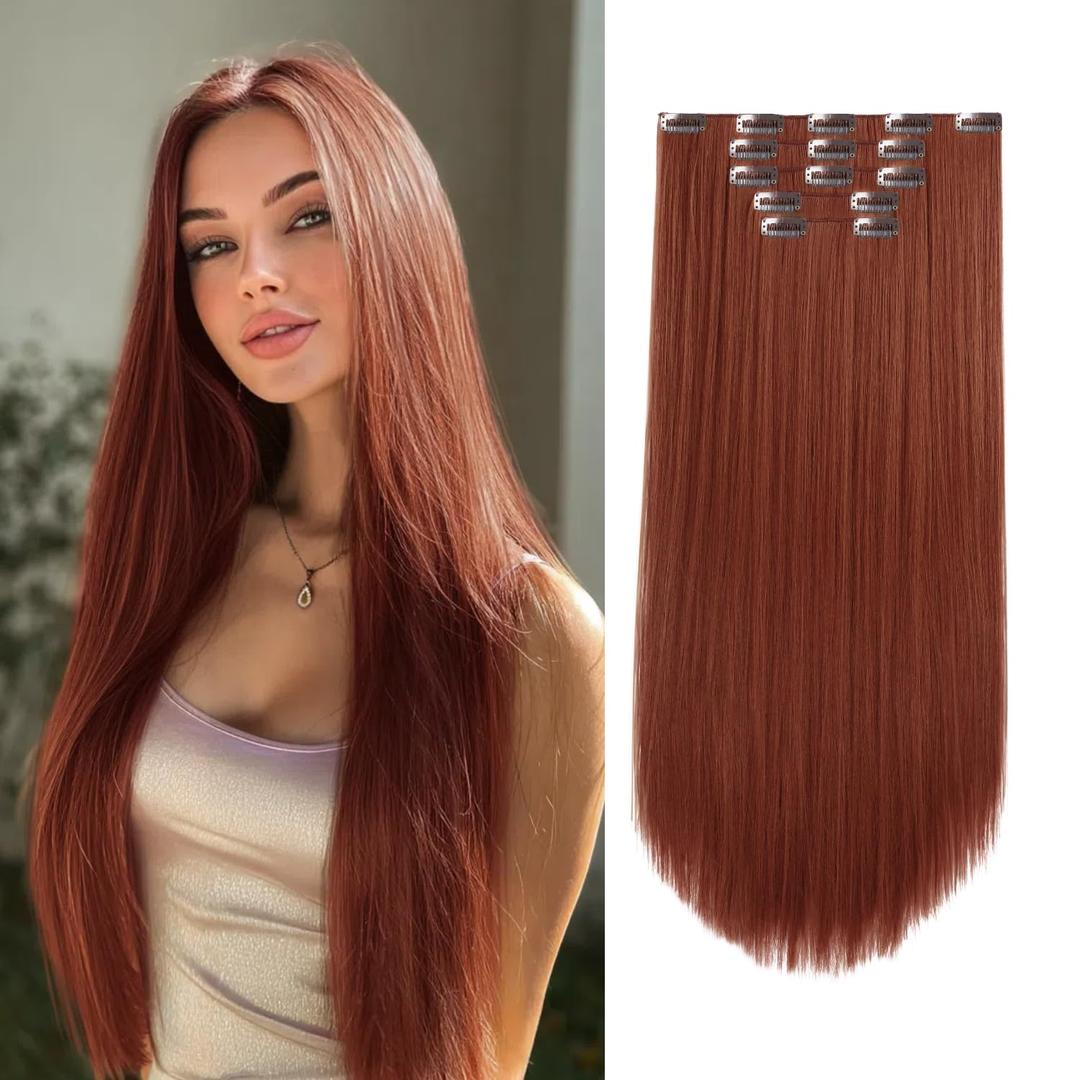Hair Extension Clips Straight Invisible 26 Inch Long Thick Synthetic Clip in Extensions 5PCS Soft and Beautiful Copper Red Hairpieces Heat Resistant for Women Weddings Party Daily Use 8.1 Oz