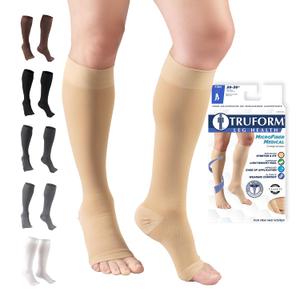 Truform Short Length 20-30 mmHg Compression Stockings for Men and Women, Reduced Length, Open Toe, Beige, Large (short length)