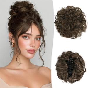 RUWISS Large Messy Bun Hair Piece with Claw Clip Human Hair Bun Wavy Curly Chignon Hair Bun Extensions Tousled Updo Hair Pieces for Women Claw Clip Ponytail for Women, Brown Mixed (45g)