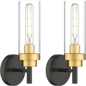 Emak Black and Gold Sconces Wall Decor Set of 2, Bathroom Vanity Light with Clear Glass Shade, Modern Wall Sconce for Bathroom, Bedroom, Living Room, Hallway, WS085-BKBGD-2PK, Black Gold & Clear Glass, 13 inch - 2PC