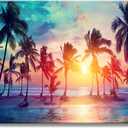 DZL Art S75569 Canvas Wall Art Palm Trees Silhouettes On Tropical Beach At Sunset Beach Seascape Painting Nature Pictures for Living Room Home Office Wall Decor Artwork, 36"L x 24"W
