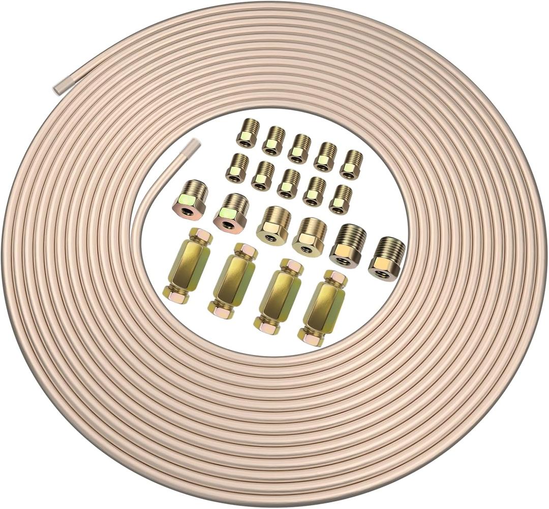 3/16"ODx25FT Copper Coated Brake Line Replacement Kit with 16 Nuts & 4 Unions [ Connector ]  Alloy Steel Tubing with Fittings for Brake Systems, Easy to bend, Corrosion-Resistant