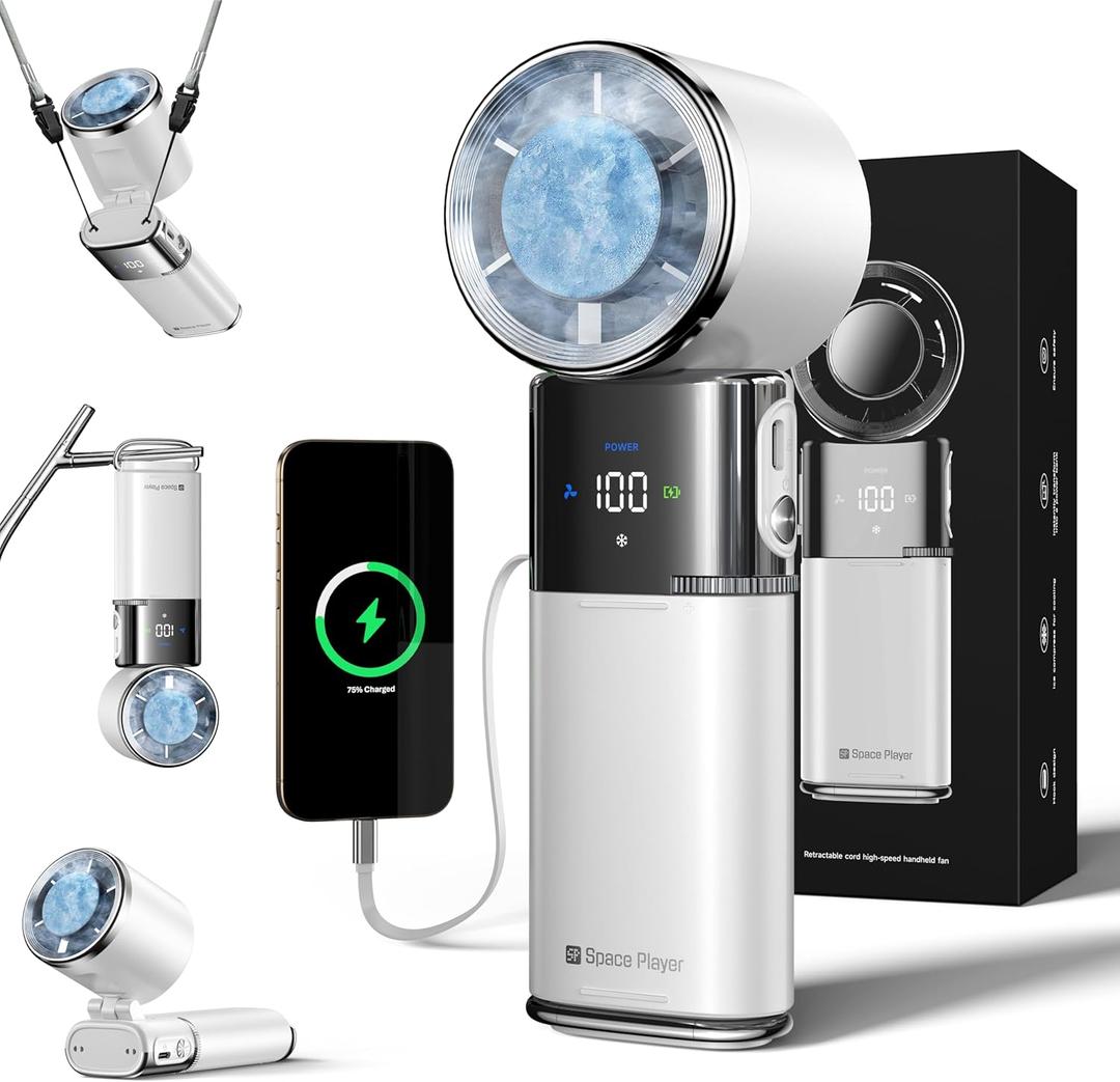 Portable Handheld Turbo Fan with Ice Cooling, 9000mAh Rechargeable Personal Fan, 100-Speed Wind, Built-in Type-C Cable, LED Display,135 Tilt Foldable for Desk/Neck/Travel-White