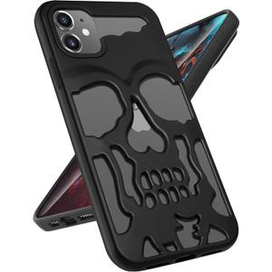 for iPhone 12 Phone Case for Men Women, Cool Skull Skeleton Funny Gothic Hollow Phone case for Apple 12 Cute Hollowed Plated Shockproof Cover for Boys Girls, Black