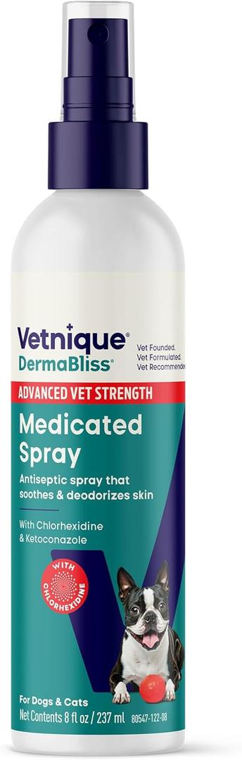Vetnique Dermabliss Chlorhexidine Spray for Dogs and Cats with Ketoconazole, Antibacterial Antifungal for Hot Spots and Yeast, AlcoholFree No-Sting Itch Relief, 8oz