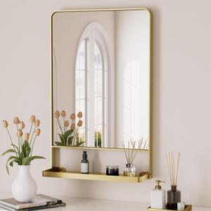 Keonjinn 18 x 28 Inch Gold Bathroom Mirror with Shelf, Metal Modern Gold Wall Mirror with Shelf, Rounded Corner Entry Mirror for Vanity with Storage, Rectangle Entryway Mirrors with Living Room