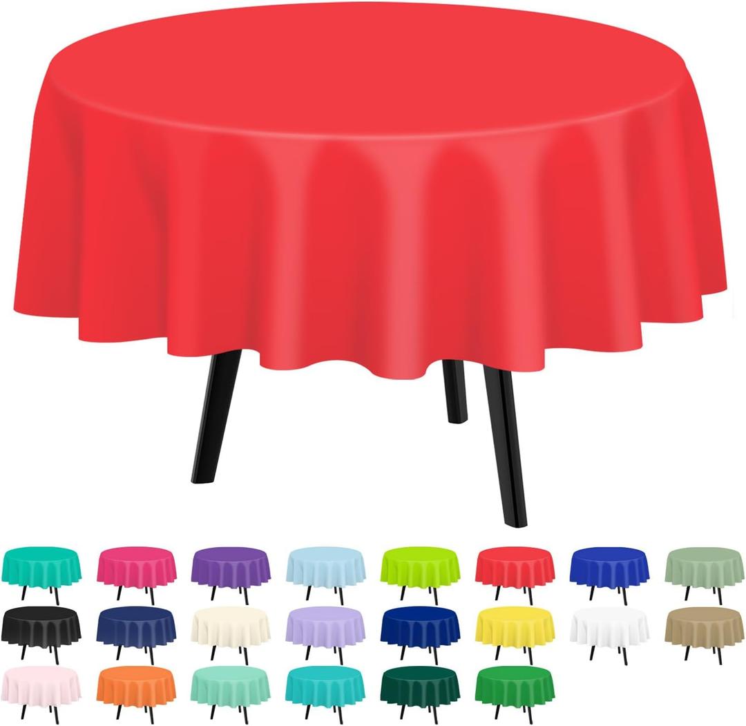 QIKSION Red Round Tablecloth 2 Pack, 84 Inch Plastic Table Cover Disposable for Parties