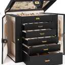 AKOZLIN Huge Jewelry Box Organizer Functional Extra Large Leather Jewelry Storage Case for Women Girls Ring Necklace Earring Bracelet Holder Organizer with Mirror Black