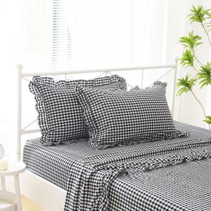 Black White Plaid Ruffle Sheets Queen Size 4-Piece Set, 300TC 100% Yarn Dyed Cotton Sheets Deep Pocket Farmhouse Gingham Decorative Bedding (Black/White Plaid, Queen)