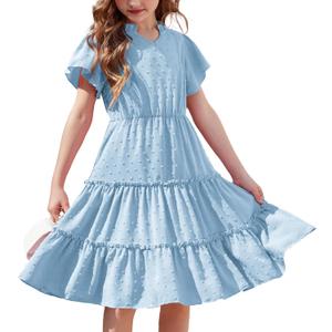Arshiner Girls Dresses Summer Ruffle Sleeve Swiss Dot V Neck Twirl Birthday Party Midi Dress with Pockets (6, Light Blue)