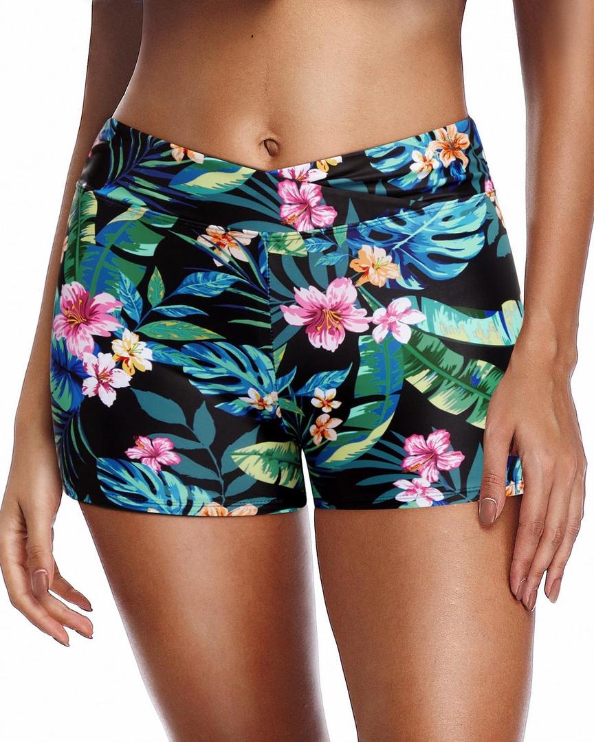 Yonique Womens Swim Shorts Bathing Suits Bottoms Swimsuit Bottoms(Available in Plus) (Large, Tropic Leaves)