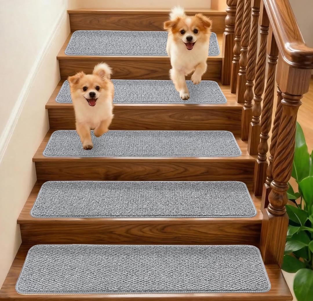 9x30 Inch Stair Treads for Wooden Steps Indoor(15-Pack) Non Slip Adhesive Peel and Stick Carpet Stair Treads, Washable & Reusable Stair Runner Rugs for Kids Elders and Pets-Grey
