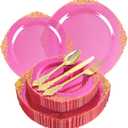 125PCS Hot Pink Plastic Plates - Clear Pink Gold Disposable Plates - Hot Pink Party Plate with Gold Plastic Silverware Set for 25 Guests for Wedding Party Birthday